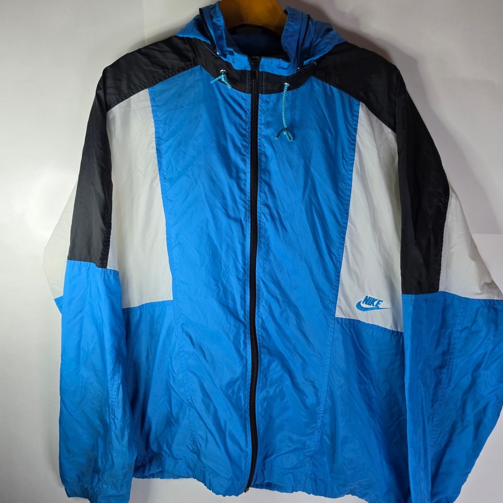 Vintage‎ Nike Windbreaker Jacket Mens Large Blue White Black Colorblock 90s Hood